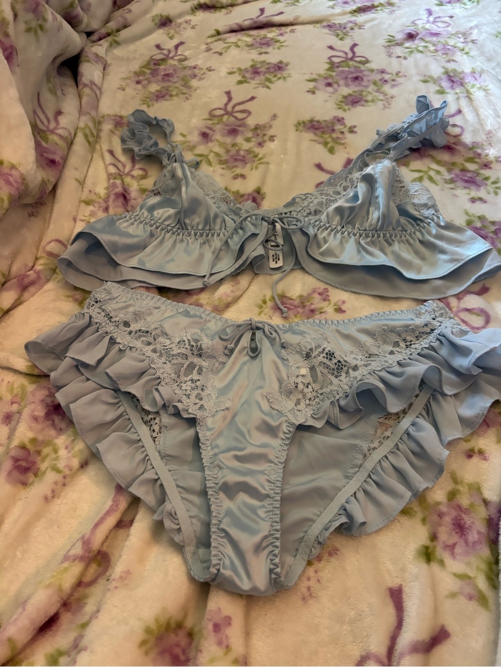 For Love & Lemons Powder Blue Ruffle Lace Lingerie Set